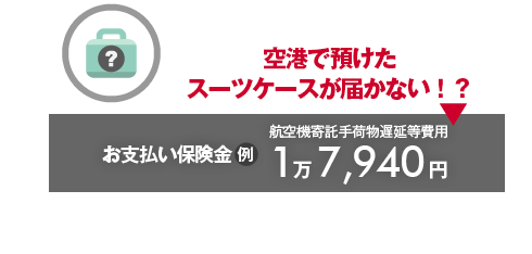 空港で預けたスーツケースが届かない！？→お支払い保険金（例）航空機寄託手荷物遅延等費用1万7,910円